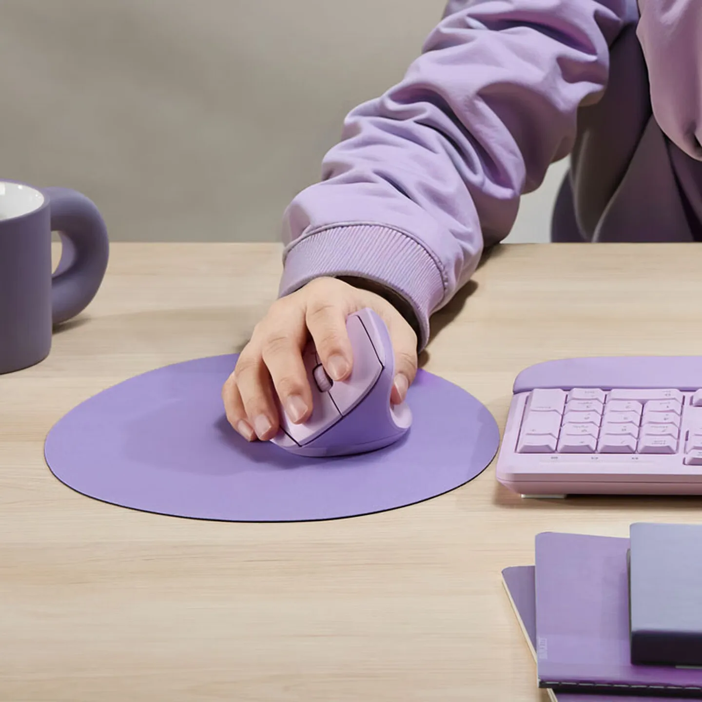 Ergonomic Keyboard and Vertical Mouse Set with 2.4GHz Wireless Connection Soft Wrist Rest Quiet 3 Piece Desktop Kit in Lavender