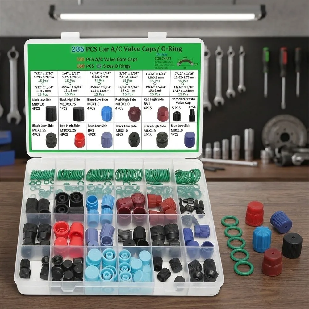 286Pcs Car AC Valve Cap Kit O-Ring Seals For Car Air Conditioning Repair High Low Pressure Port Covers Assorted Set