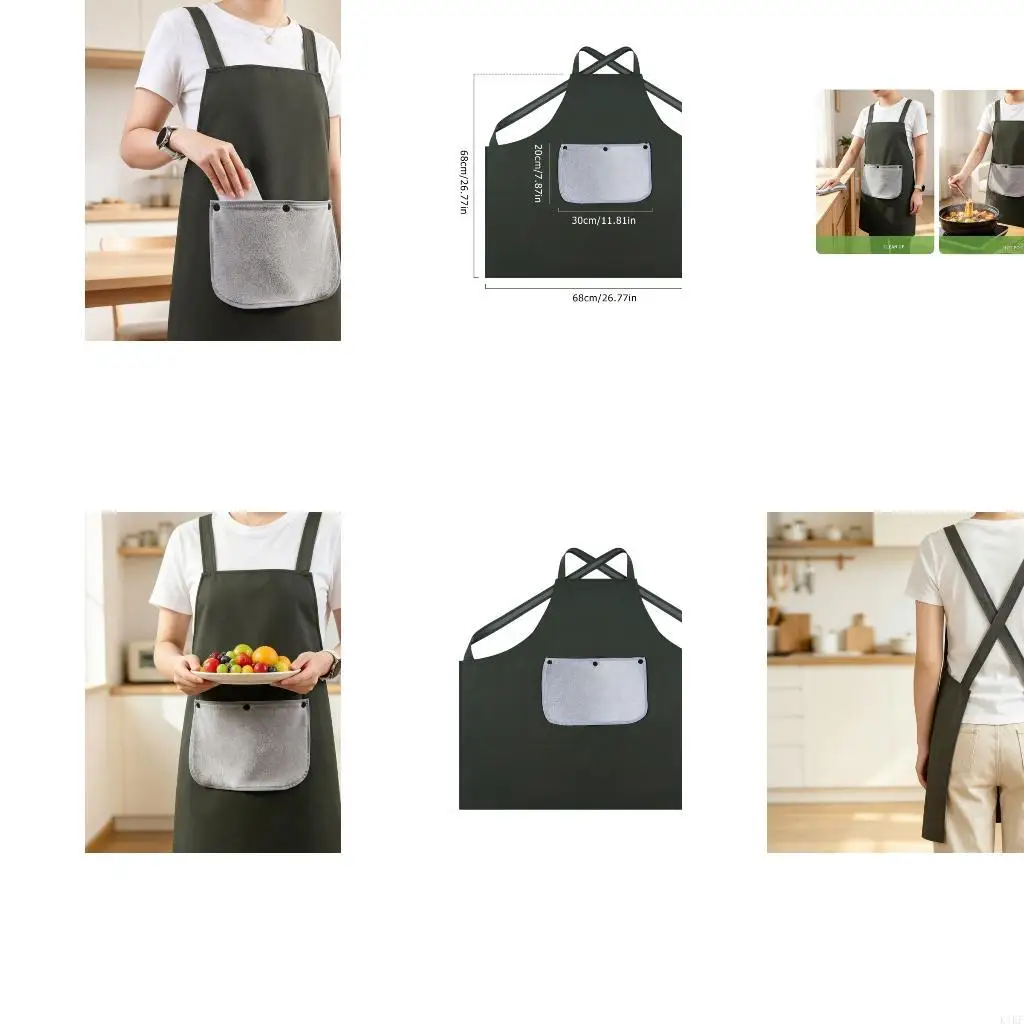 Water-Resistant Kitchen Apron with Hand-Wipe Panel X-Back Straps Front Pocket for Cooking Dishwashing and Light Home Care, K1KF
