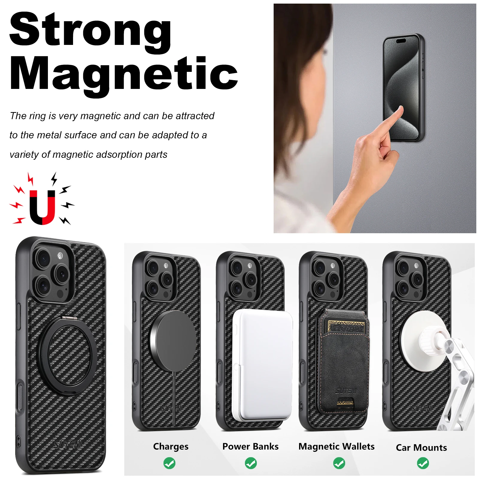 SUTENI Magnet Kabellose Ladehülle für Mobiltelefone 360 ° Drehbarer Ständer mit Kunstleder-Ringschnalle für iPhone 18 Pro Max 17 16 Plus – Detail 2