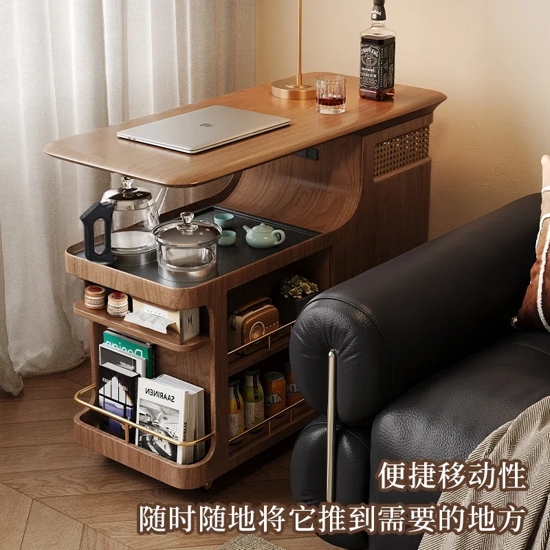 Solid wood rotating tea cart removable tea table antique home living room sofa side cabinet balcony small tea table