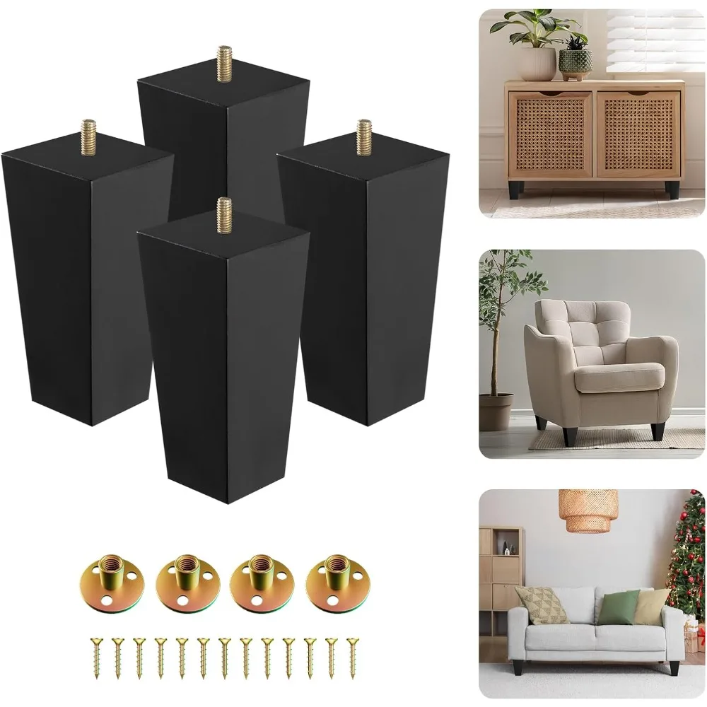 

6-Inch Square Black Solid Wood Furniture Legs Set of 4, Heavy Duty 800 lbs Capacity, Adjustable Levelers, Replacement Fu