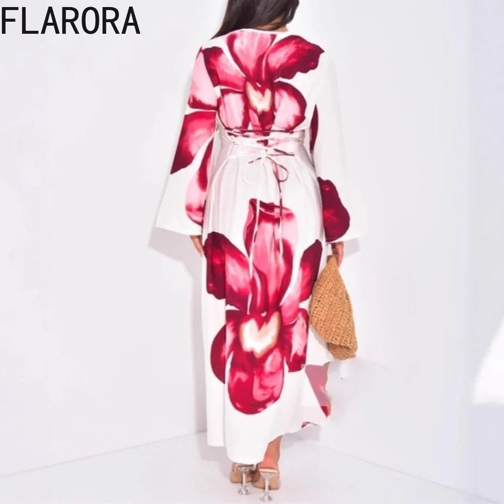 FLARORA Elegant Flower Printing Dress Woman Round Neck Flared Long Sleeved Bandage Girdling Dresses Fairy Party Vestido 2025 New