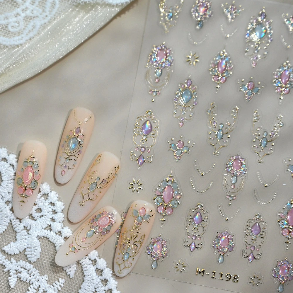 

Retro Gold Stamped Pink Purple Blue Jelly Design Gem Floral Totem 3D Self Adhesive Nail Art Stickers Rhinestone Manicure Decals