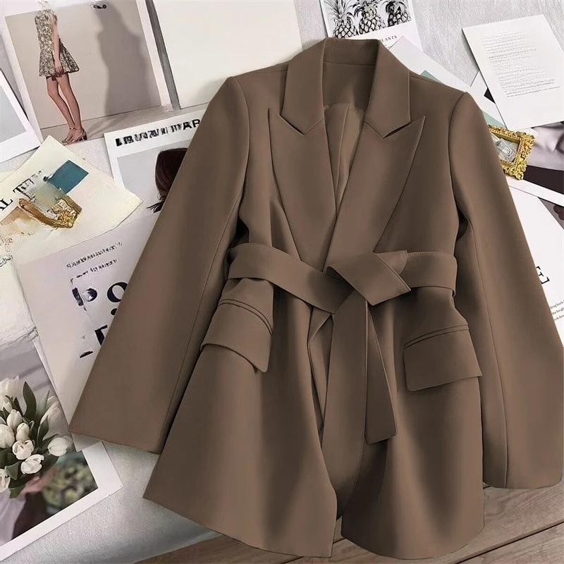 

Женский пиджак на шнуровке с длинными рукавами, весна-осень, новый стиль, элегантный темперамент, однотонный повседневный свободный костюм, топ