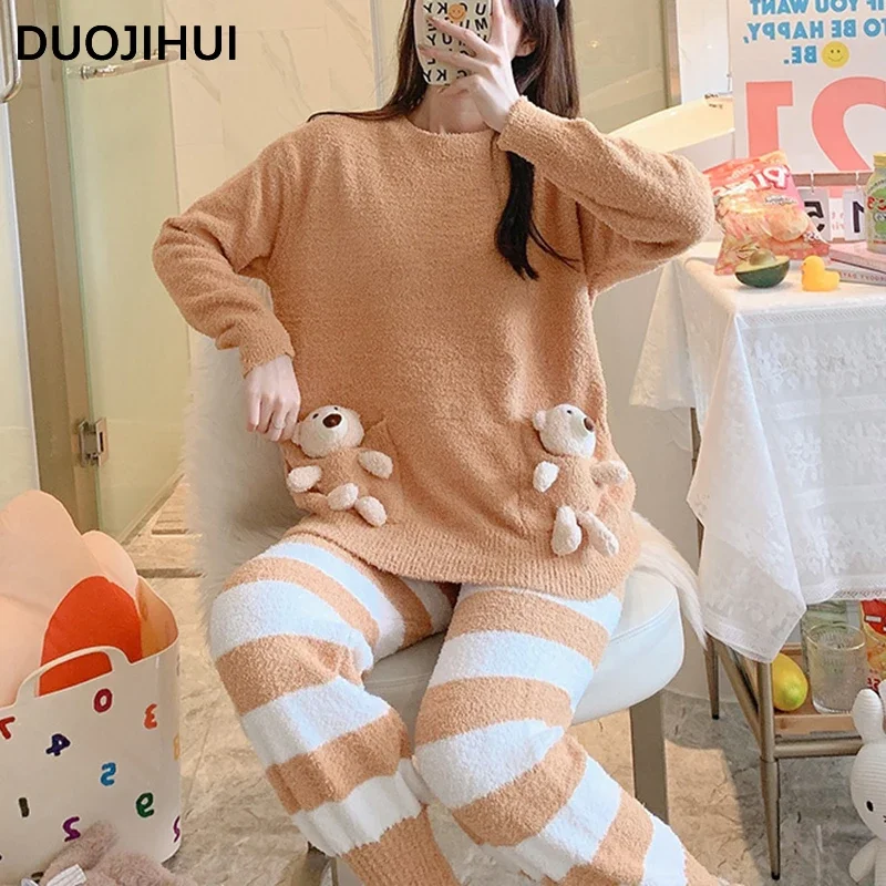 DUOJIHUI Classic Two Piece Sweet Casual Home Pajamas for Women Simple O-neck Pullover Basic Stripe Pant Loose Female Pajamas Set