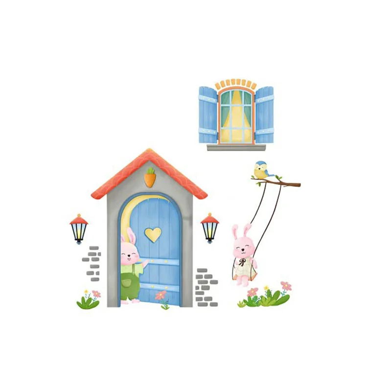 Cartoon Hasen-Haus Wandaufkleber Wohnzimmer Kinderzimmer Deko-Aufkleber Kinderzimmerdekoration Selbstklebende Heimtür-Wandmalerei – Detail 5