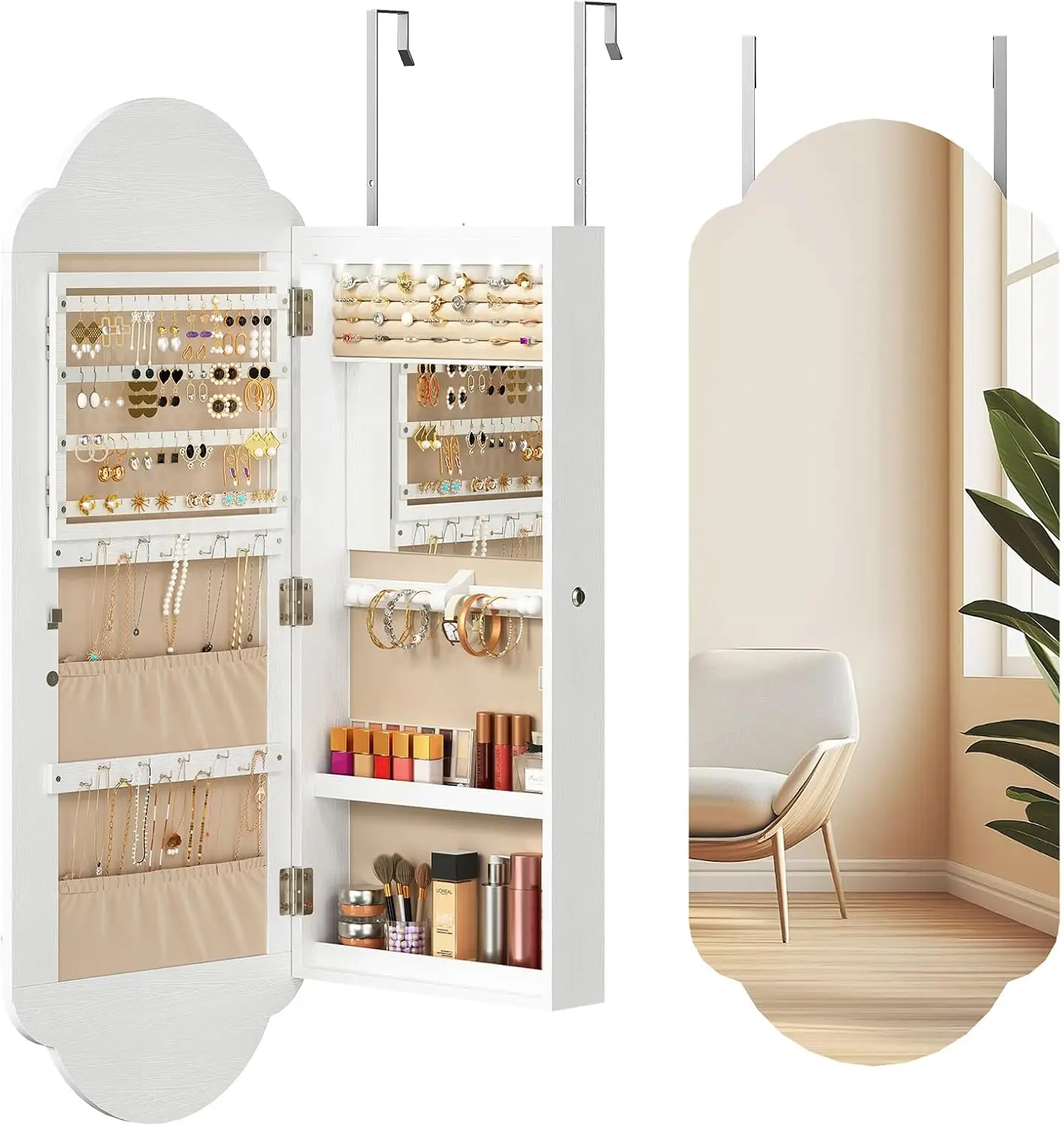 Wide Jewelry Cabinet, LED Jewelry Organizer Wall/Door Mounted, Hanging Jewelry Cabinet Mirror with Storage, Lockable, Interior M