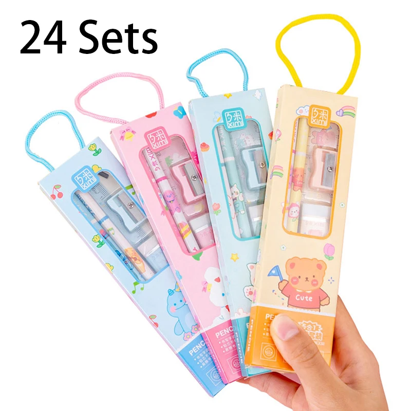 24Sets Stationery Products Children's Mini Writing Wooden pencil eraser ruler sharpener stationery 5 in1 Set