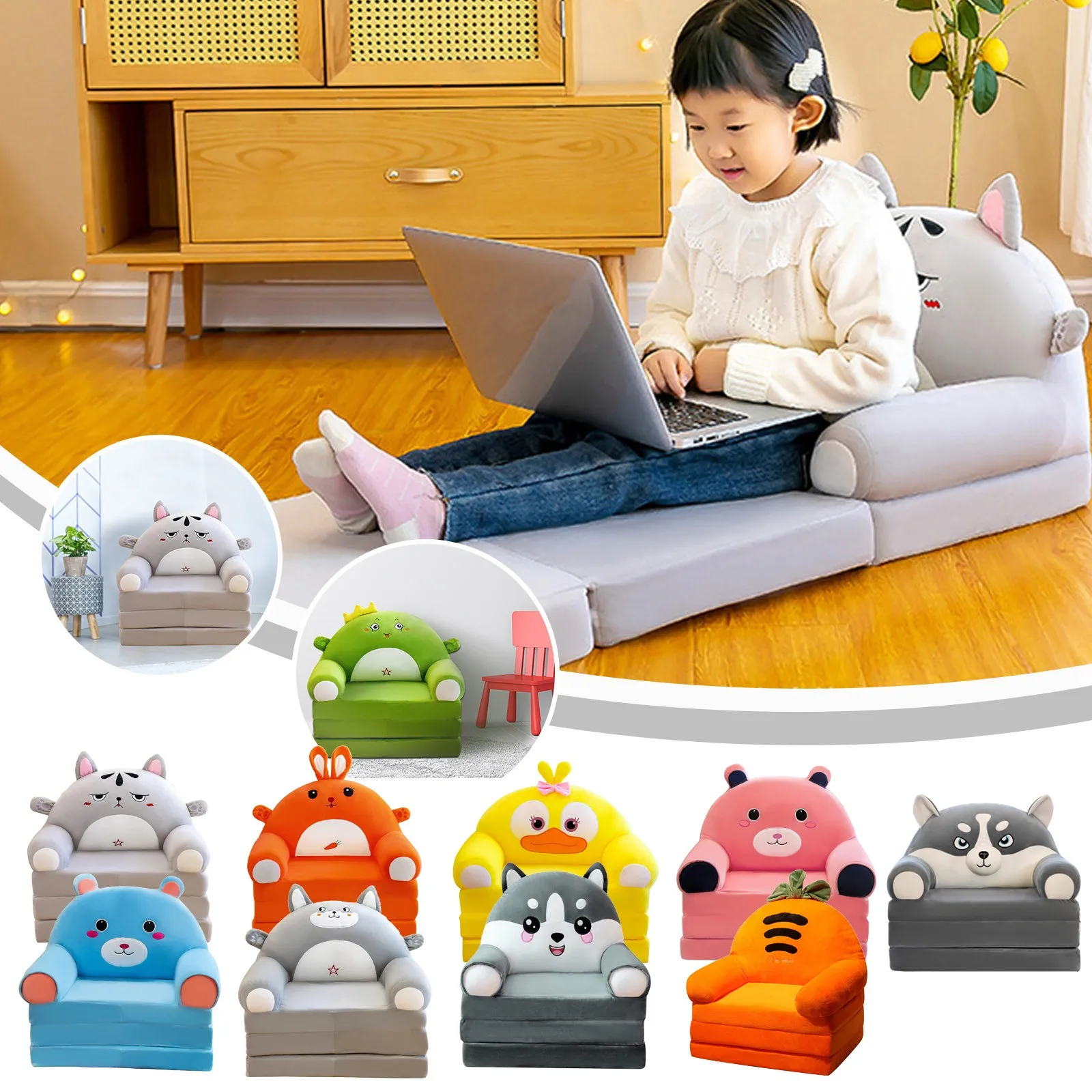 Plush Sofa Backrest Armchair 2 In 1 Foldable Cute Cartoon Lazy Sofa Children Flip Open Sofa Bed For Bedroom Folding Sofa Bed