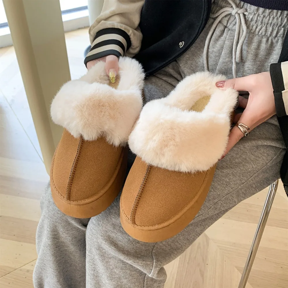 Women Thick Sole Faux Fur Slippers Winter Plush Warm Cotton Shoes Woman Indoor Outdoor Non Slip Fluffy Platform Slippers 2023