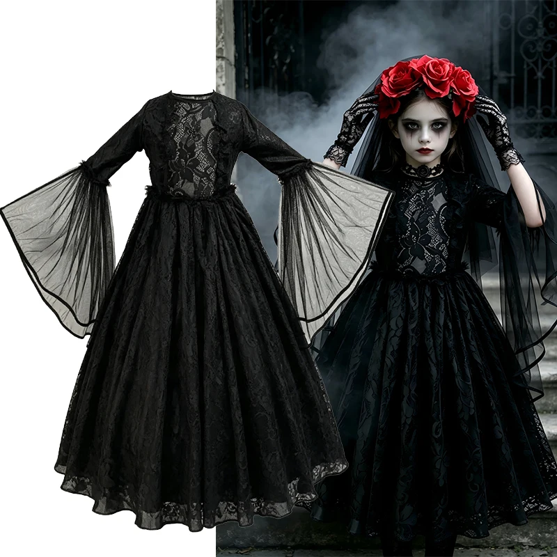 Kids Halloween Dark Gothic Costume Girls Long Sleeve Lace Tulle Ghost Bride Dress Rose Head Veil Carnival Dress Up Clothes