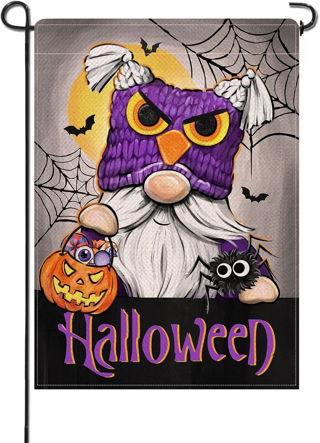 Halloween Owl Gnome Small Decorative Garden Flag, Spooky Jack O Lantern Pumpkin Spider Web Bat Yard Lawn Outside Decor, Funny Ho