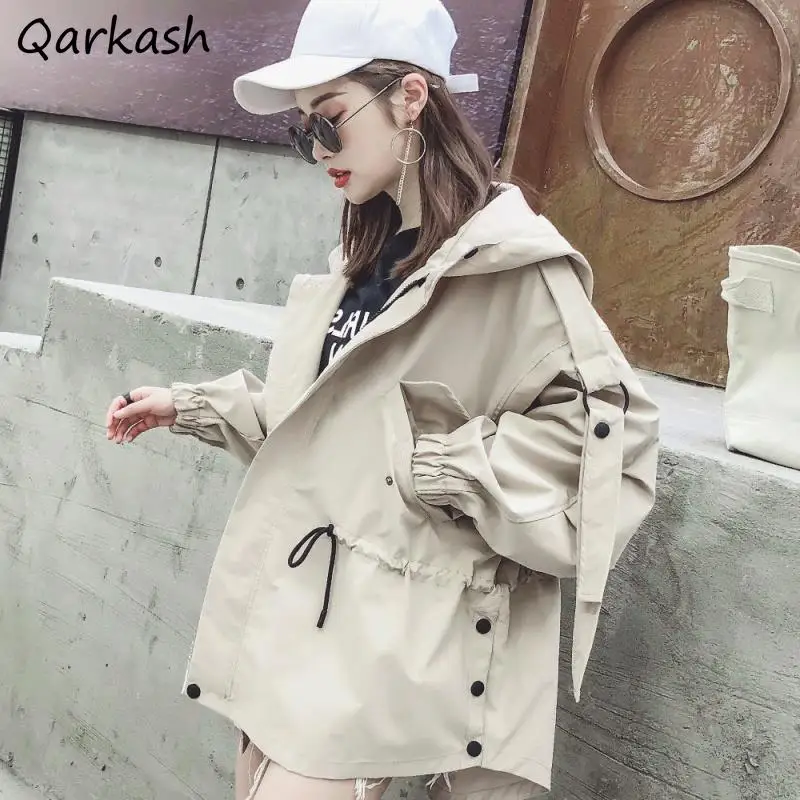 4 Colors Trench Women Baggy Hooded Vintage Cool Personality BF All-match Defined Safari Style Students Harajuku Streetwear Coats