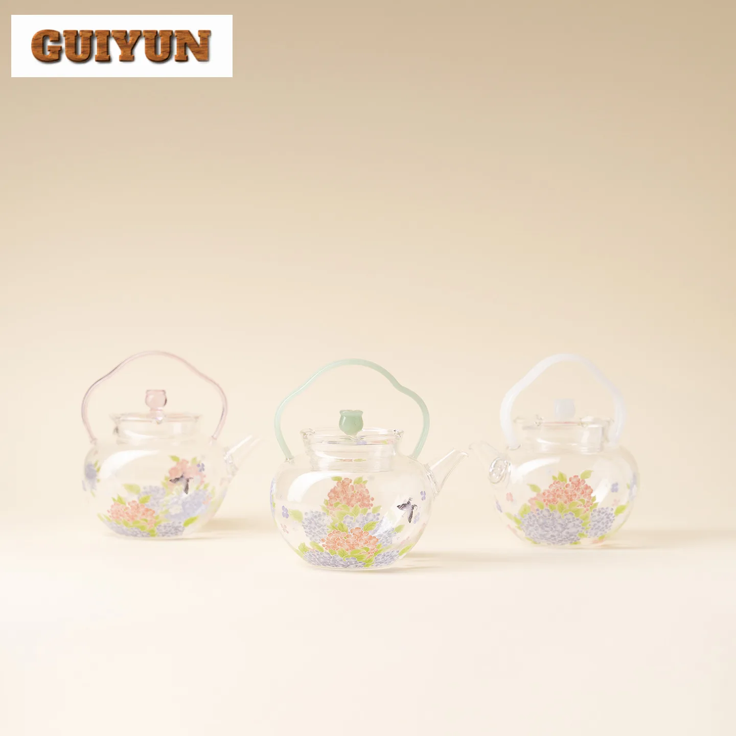 

270ml Hydrangea Butterfly Lifting Handle Glass Teapot Retro Tea Infuser Pot Tea Brewing Kettle With Filter For Tea Decoration