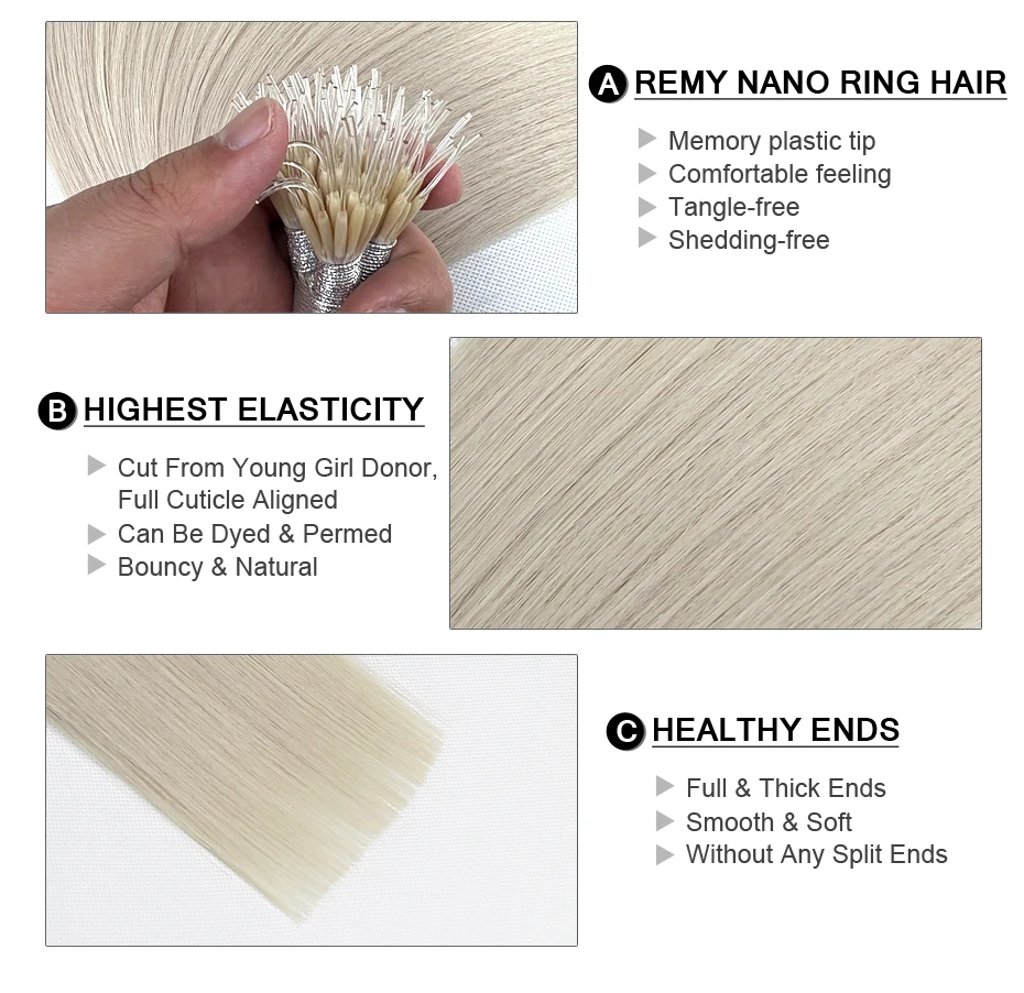 Nano Bond Extensions 100% Real Remy Human Hair 1g/Strand 16-22 Inch Tangle-Free Easy Install Long-Lasting Nano Ring Beads Hair