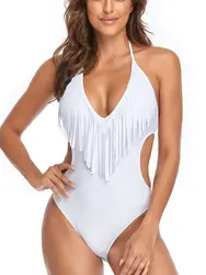2026 New Deep Plunge V Neck Fringed Cut Out One Piece Swimsuit Trikini Women Halter Backless Tassel Swimwear Black White Neon