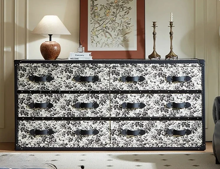 Z French medieval black and white forest ink flower thought bud printing side cabinet drawer storage porch