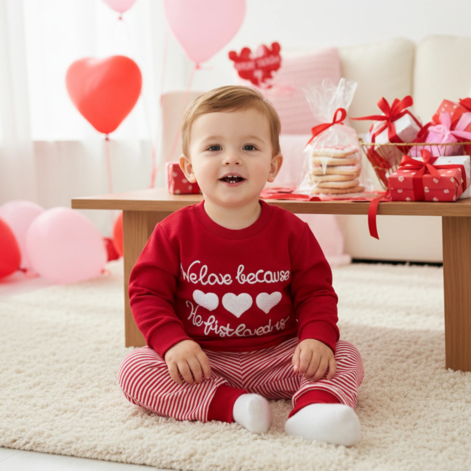 Toddler Boy Valentines Day Outfits Letter Heart Embroidery Long Sleeve Round Neck Pullover Sweatshirt Stripe Pants 2 Pcs Set