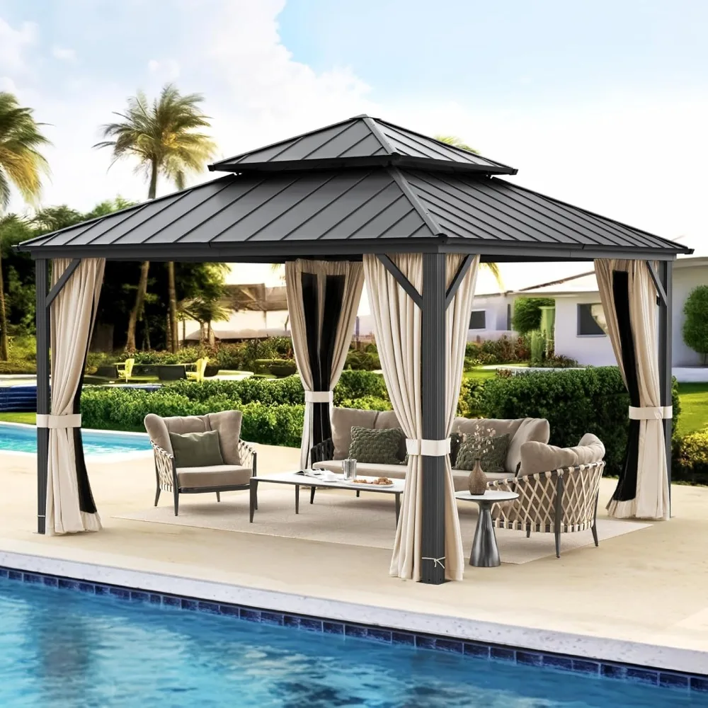 

12x12 Hardtop Gazebo, Galvanized Steel Double Roof Permanent Pavilion with Aluminum Frame, Outdoor Metal Gazebo Canopy
