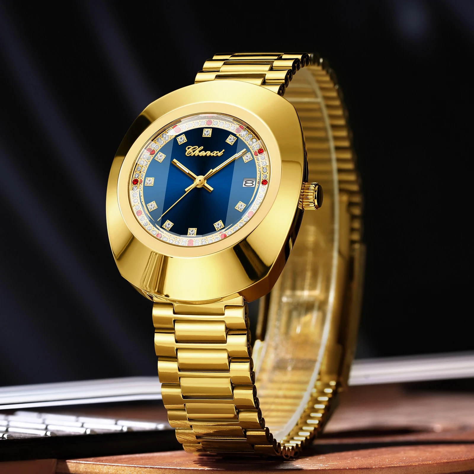 Chenxi Classic Luxury Couple Wristwatch Golden Stainless Steel Quartz Date Display Waterproof Luminous Fashion Watch For Couples