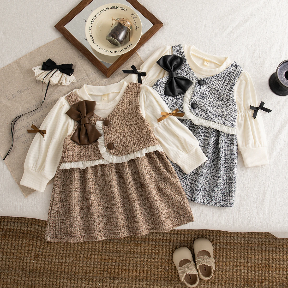 

Cute Bow Long Sleeved Baby Girl Dress, Spring And Autumn New Fake Two-Piece Checkered Printed Children'S Clothing (0-3 Years)