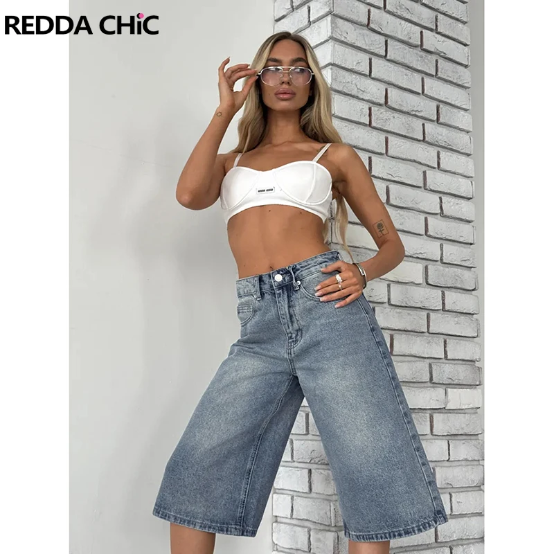 

ReddaChic, летние штаны-бермуды с усами, женские джинсы, джинсы, однотонные повседневные джинсовые шорты с широкими штанинами, винтажная уличная одежда 2000-х годов