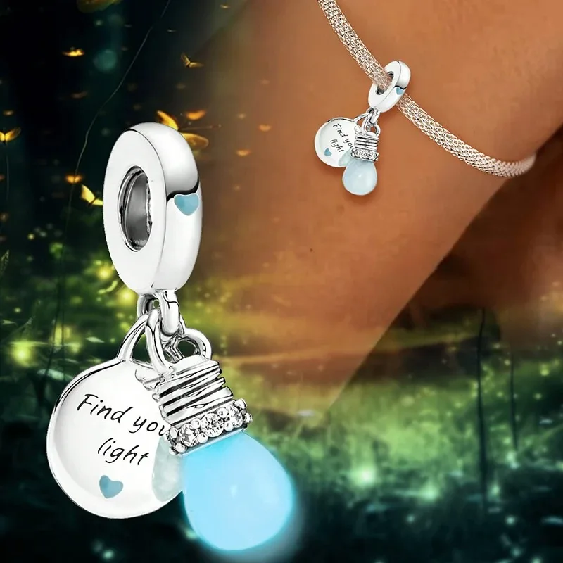 Fit Pandora 925 Sterling Silver Luminous Light Bulb Sweet Firefly Charms Beads DIY Bracelets Bangles For Women Fine Jewelry