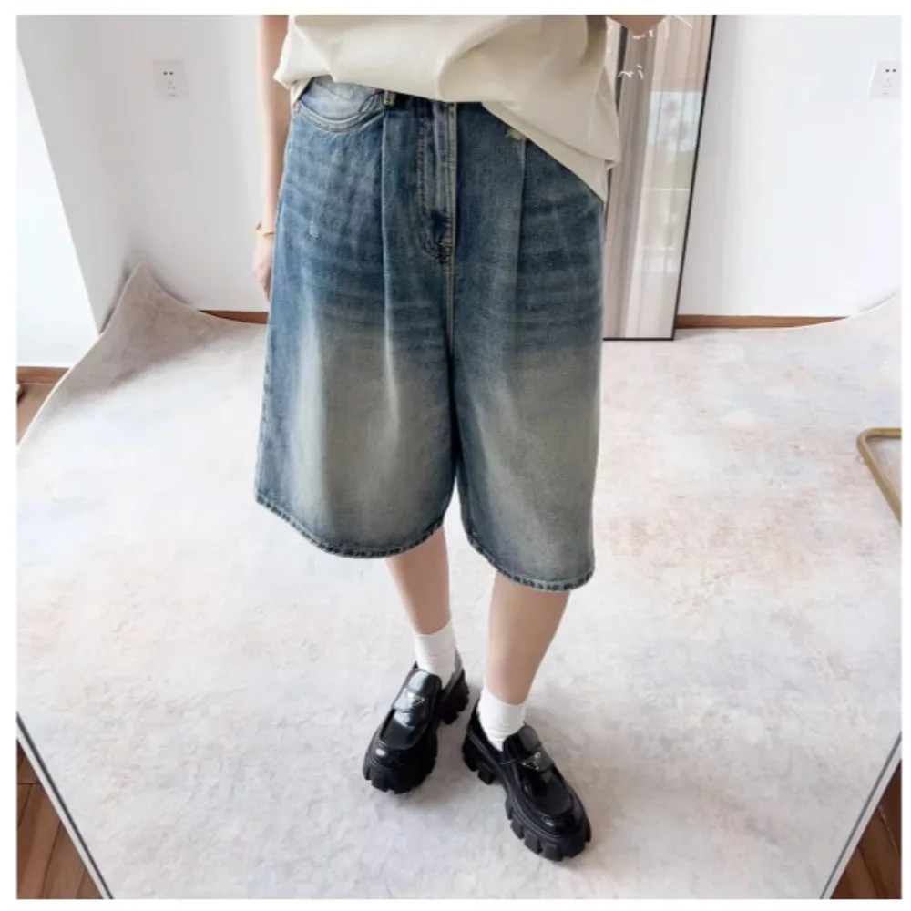 

2025 Spring and Summer Denim Blue Nostalgic Wide-leg Denim Mid-pants for Women