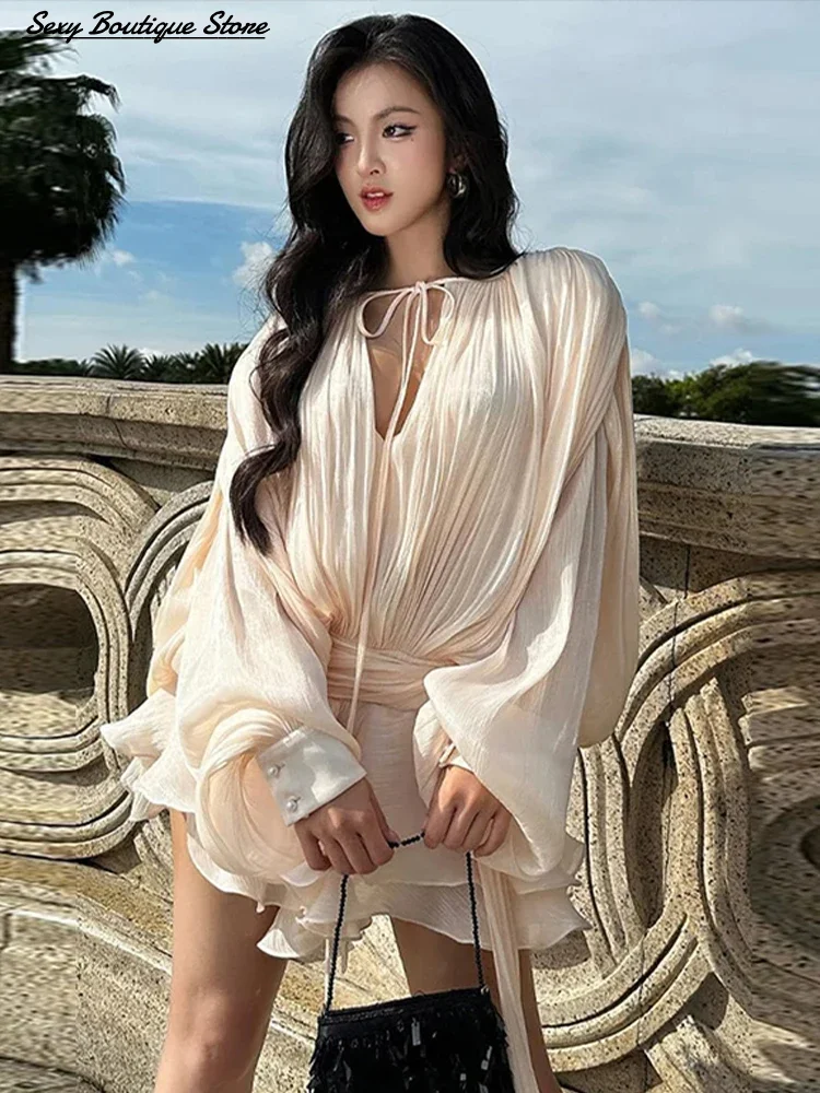 Elegant Ruched Mini Dress For Women Round Neck Lantern Long Sleeve High Waist Temperament Dresses Female Fashion 2025 CLOTHING image 4