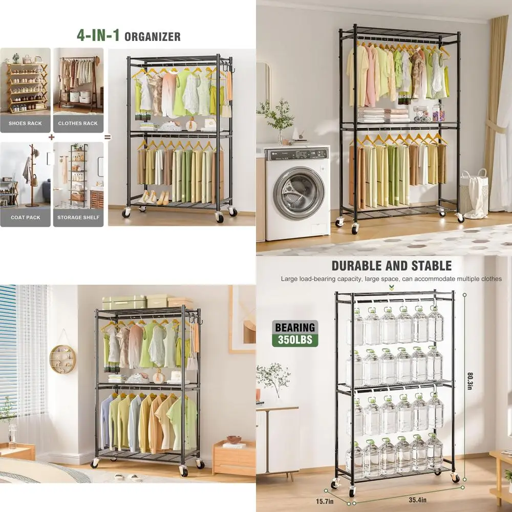 

Двухъярусный металлический портативный шкаф с 3 полками и колесиками для хранения одежды