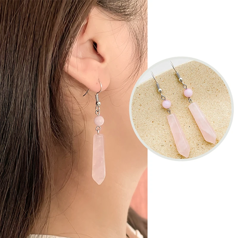 Elegant Rose Quartz Dangle Earrings For Women Handmade Stainless Steel Jewelry Pink Crystal Long Statement Earings Wedding Gift