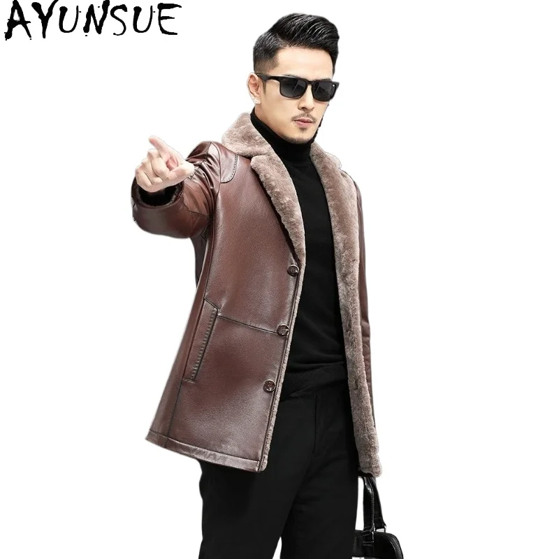 

AYUNSUE 100% Cowhide Genuine Leather Jacket Men Winter Warm Wool Fur Lining Coat Man Clothing Mid-length Cow Leather Coats Trend