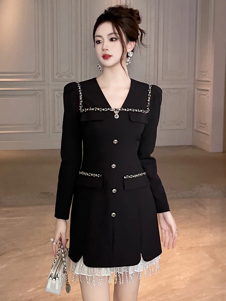 Women Clothes Black Vintage Sparkly Diamonds V-Neck Slim Mini Short Dress Elegant Party Prom Vestido Fashion Formal Occasion New