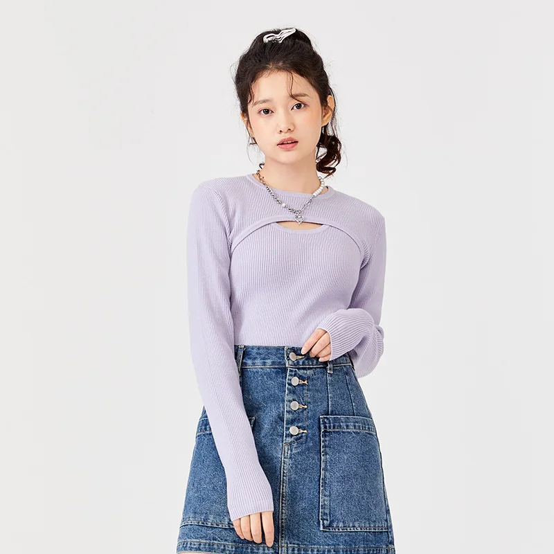 Semir Knitted Sweater Women Slim Two-Piece Set Hollow 2023 Winter New Suspender Solid Color Inner Pullover