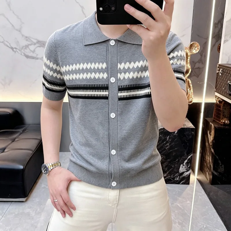 Summer Hollow Knitted Ice Silk Striped Polo Shirts Men Breathable Short Sleeved Casual T-shirt Business Social Knit Cardigan