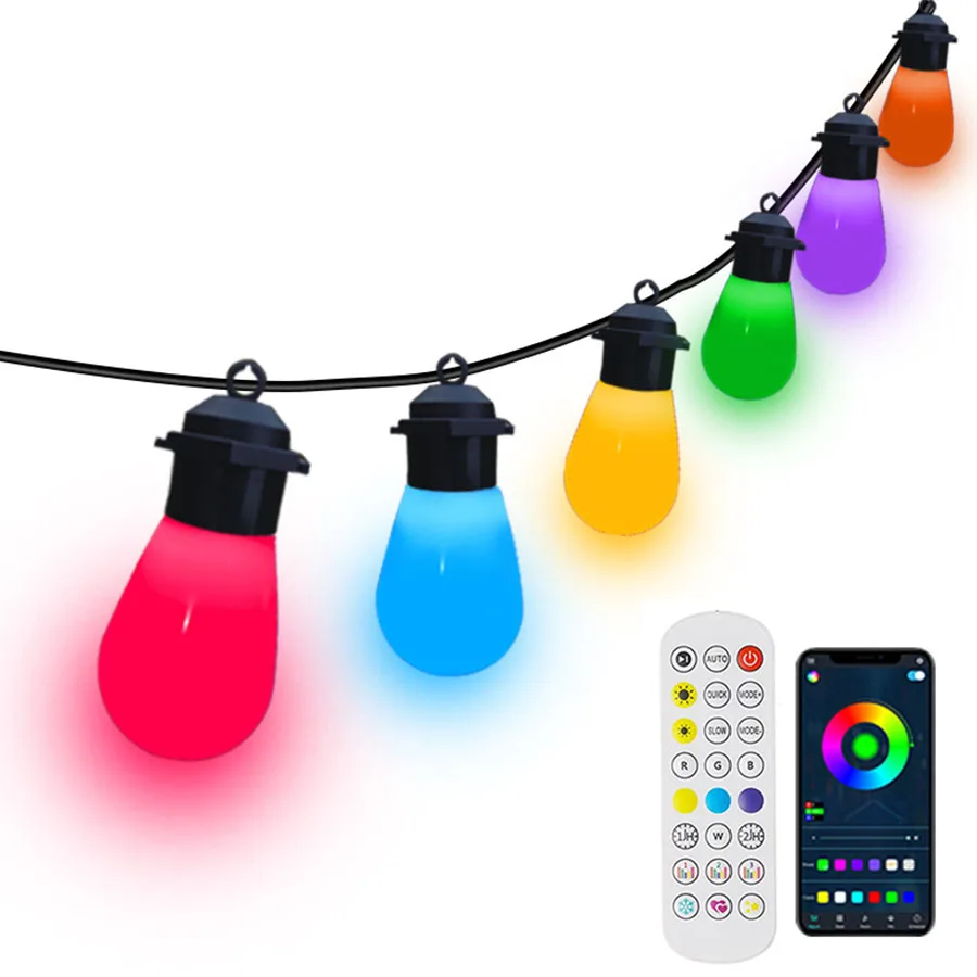 

15M S14 15 Bulbs RGB App Fairy Globe String Lights Smart APP S14 Bulbs Christmas Garland Lights for Wedding Party Outdoor Decor