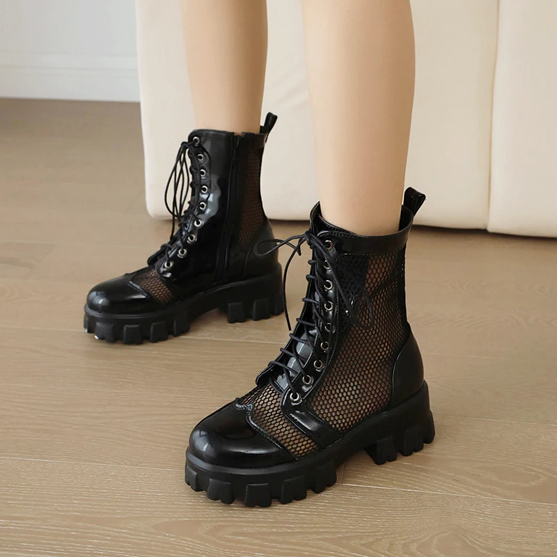 Mesh Panel Lacquer Leather Cutout Breathable Short Boots Flat Heel Thick Sole Lace Up Mesh Boots Zipper Elevated Shoes
