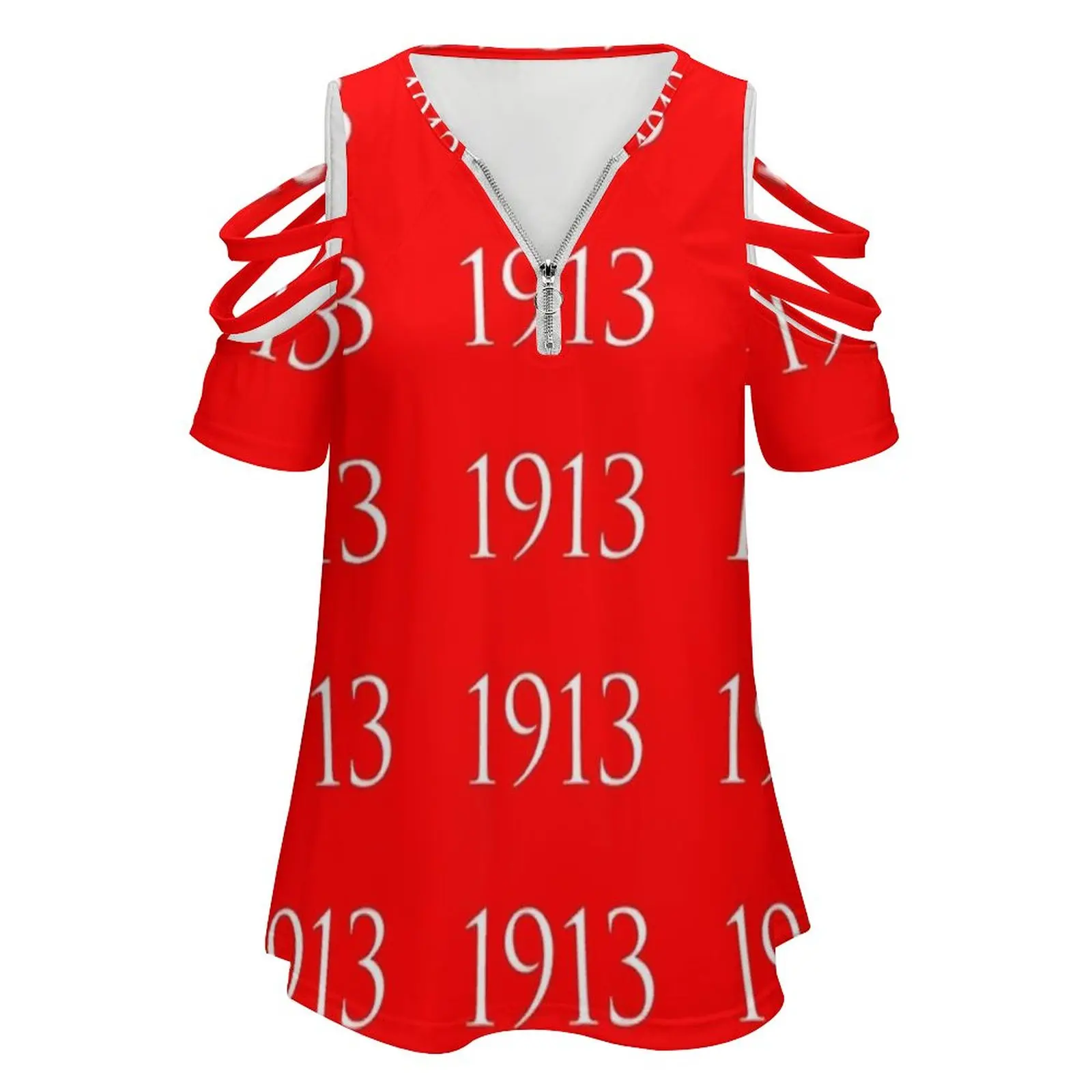 White 1913 On Red Women'S T-Shirt Summer Fashion Print Floral V-Neck Zipper Tshirt Hollow Pullover Ladies Top Delta Sigma Theta