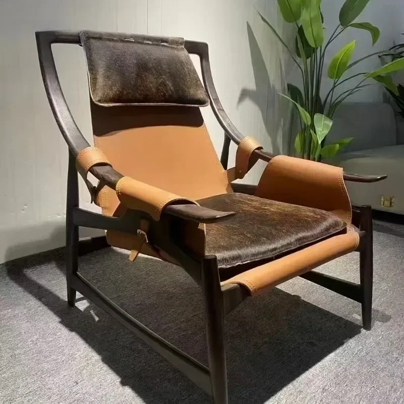 Leisure sofa chair Italian industrial style saddle leather modern light luxury recliner solid wood homestay lazy sofa