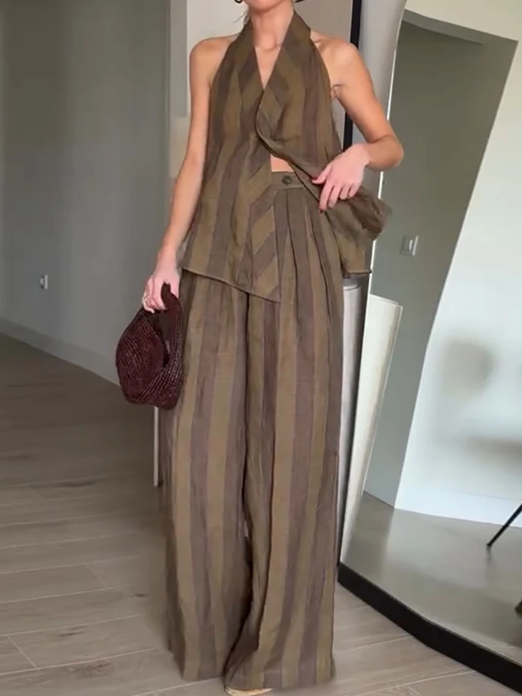 

Women's Summer Halter Backless Sleeveless Top And Wide Leg Pants 2PCS Set Striped Patchwork Loose Casual Streetwear Outfit 2026