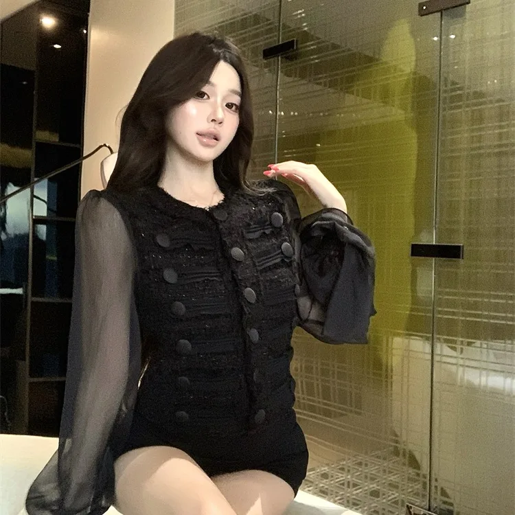 

Ele Plaid Micro Translucent Chiffon Flared Sve Bouillonné Sle Women's Jaet Autumn New Faion Outerwear