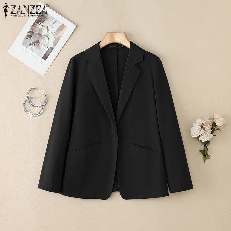 ZANZEA Women Black Blazer Casual Lightweight Lapel Neck Long Sleeve Solid Color Suit Jackets Spring Summer Woman Outerwear 3XL