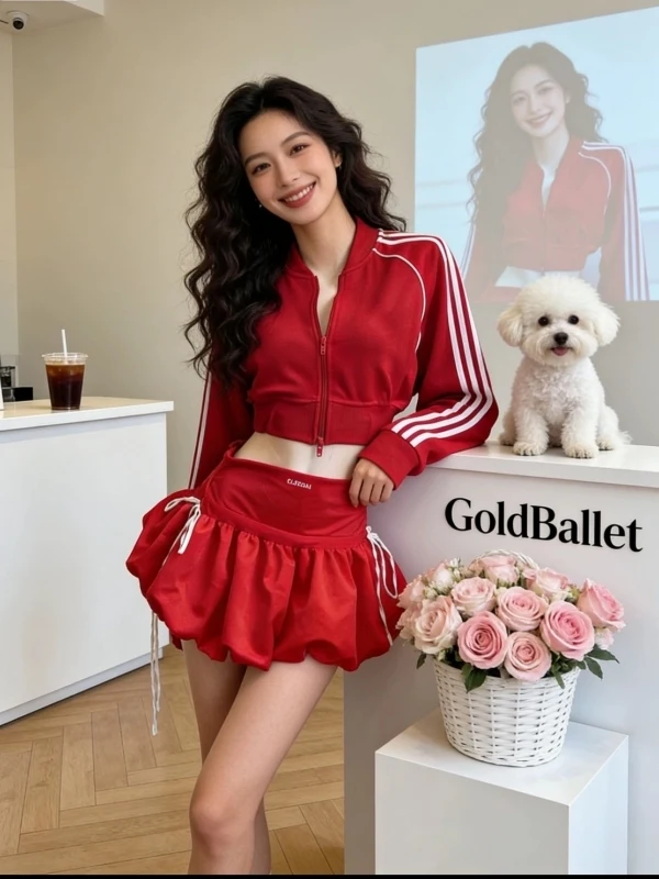 

Korean Sle Casual Faion Set Women's Spring Summer New Red Flattering Coat Puffy Skirt Set Women's ort Sve Zipper