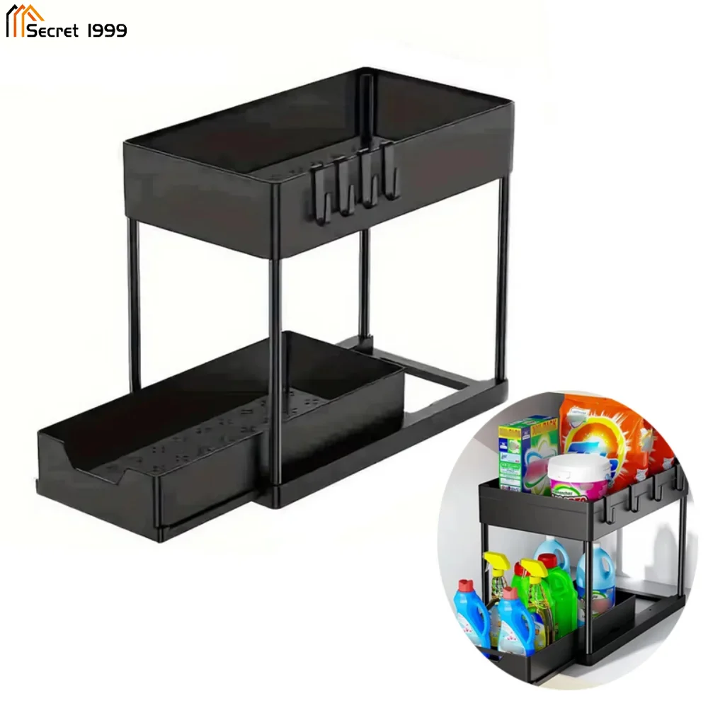 

Adjustable 2 Tier Sink Organizer Sliding Cabinet Basket Organizer Storage Rack With Hooks Hanging Cup Bathroom Storage Rack