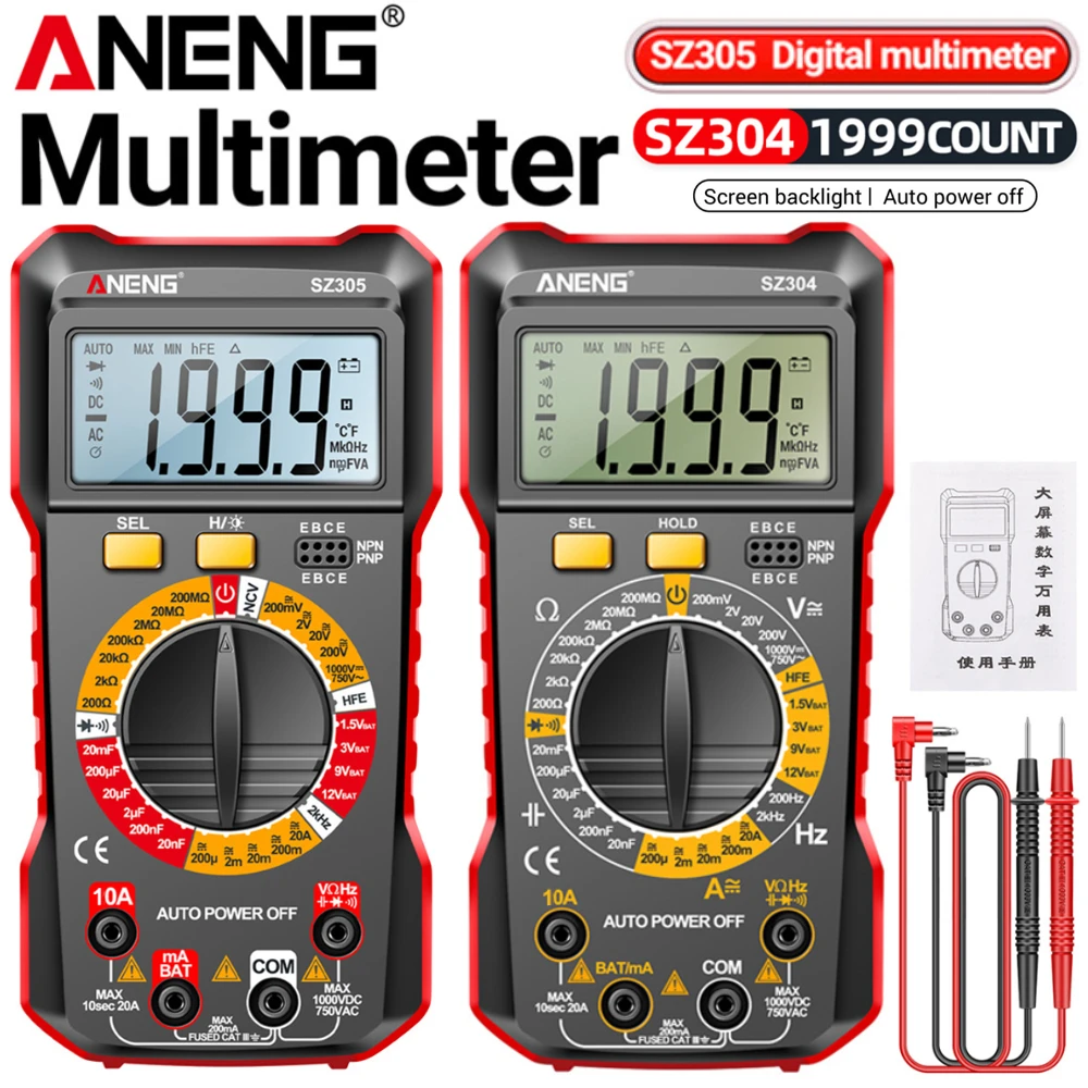 ANENG SZ304 Digital Multimeter 1999 Counts AC/DC Voltage Tester SZ305 Multimeter Auto-Ranging Voltmeter Ammeter Electrician Tool