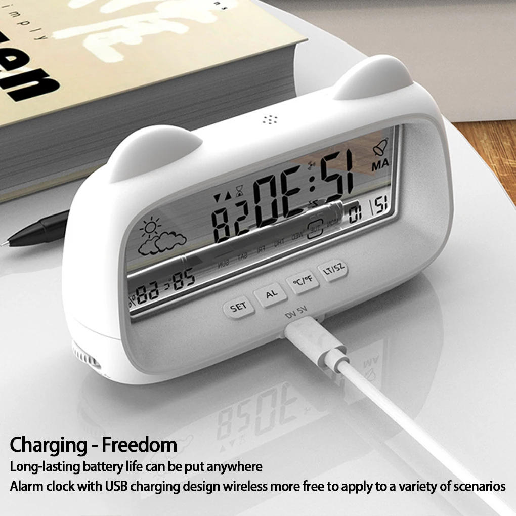 Digital Alarm Clock Display with Week Temperature Humidity Backlight ‌Cute Cat Shape for Kids Adults Bedside Battery Powered