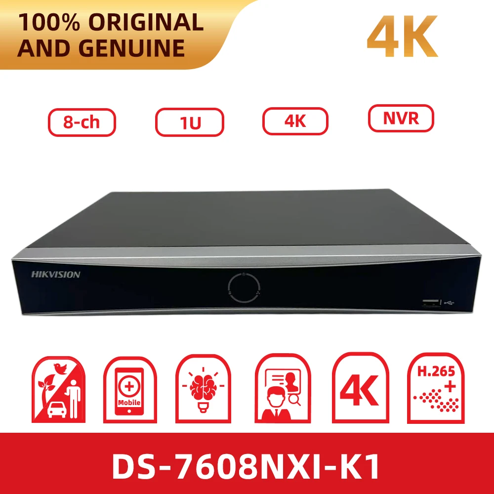 Hikvision DS-7608NXI-K1 8CH 4K AcuSense NVR 1U 1SATA 80Mbps H.265+ AI Human Vehicle Detection Facial Recognition HDMI VGA ONVIF