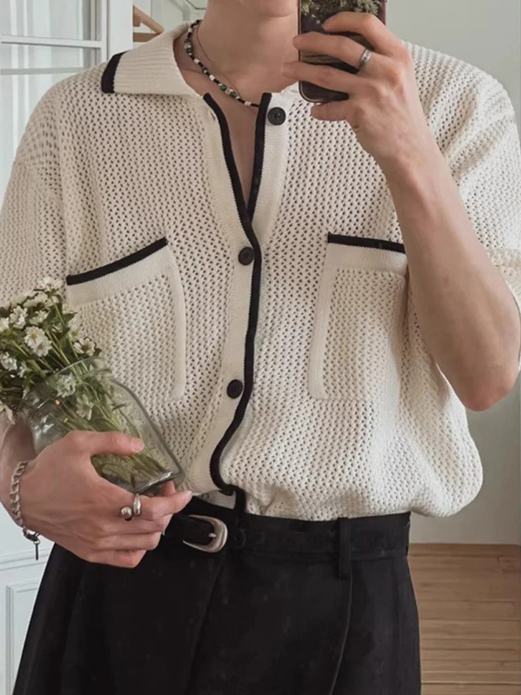 Vintage Mens Striped Crochet Knit Shirt Tops Men Summer Fresh Breathable Hollow Out Knitting Cardigans Mens Stylish Lapel Shirts