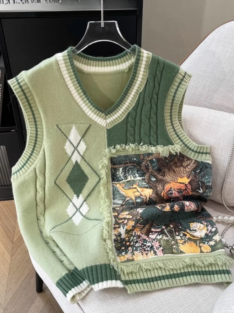 

Fashion Design Vintage Sweater Vest V Neck Cartoon Print Tassel Contrast Color Pullovers Preppy Style All Match Women's Clothing
